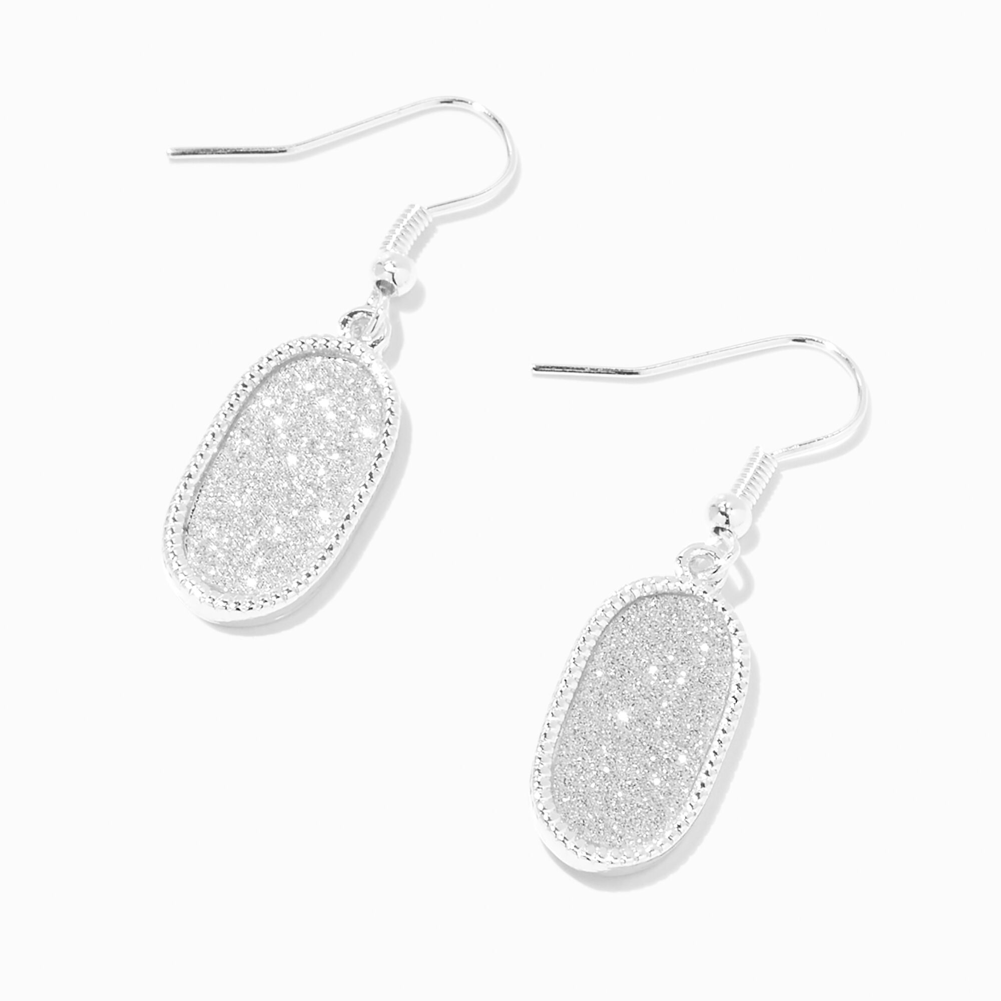 Silver 1" Glitter Oval Drop Earrings,