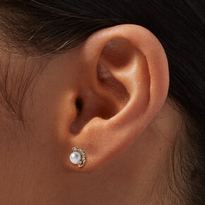 Clous d&#39;oreilles couleur dor&eacute;e &eacute;ventail strass et perles d&#39;imitation,