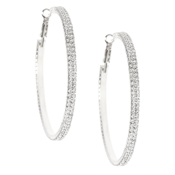 Silver Rhinestone 60mm Hoop Earrings Claire S Us