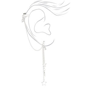 Silver-tone Open Star Ear Cuff Connector Chain Drop Earrings,