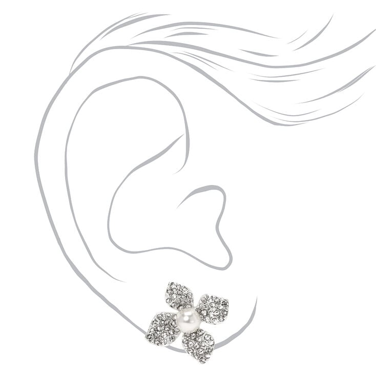 Silver Embellished Pearl Flower Stud Earrings,