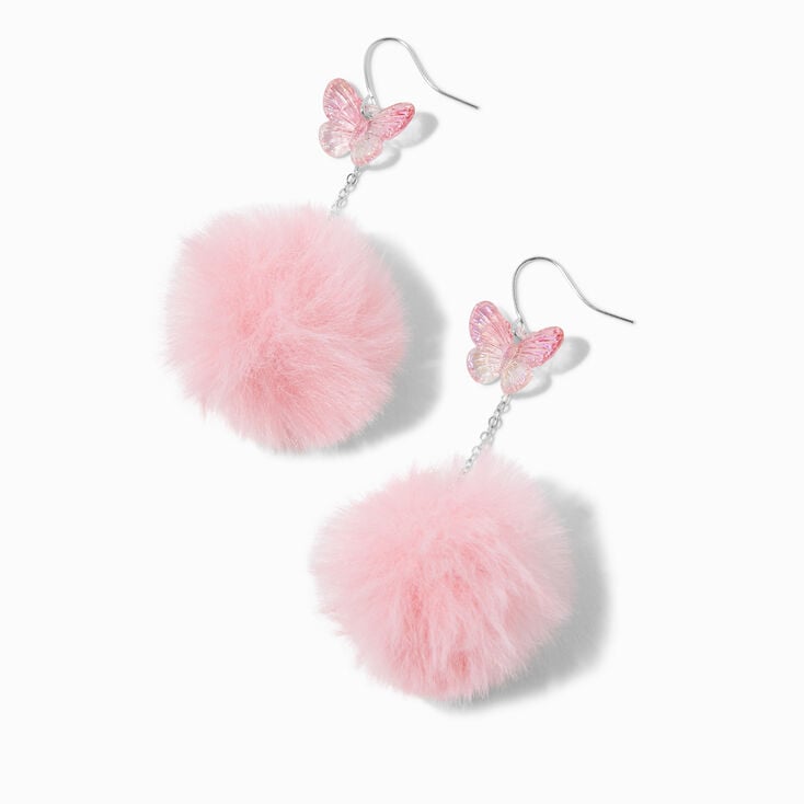 Pink Butterfly Pom 3&#39;&#39; Drop Earrings,