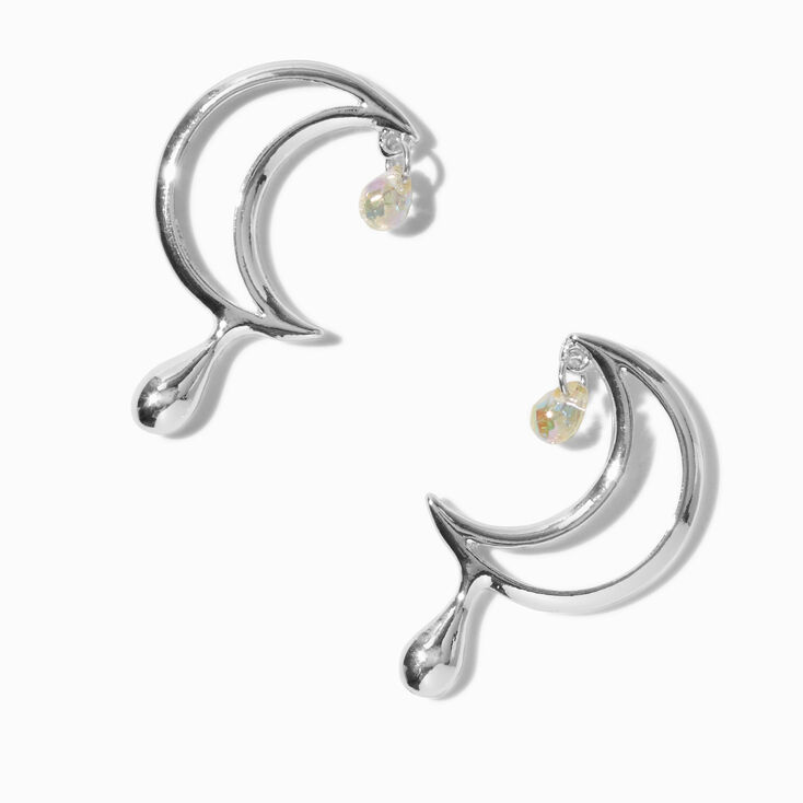 Clous d&#39;oreilles d&eacute;coup&eacute;s lune et goutte couleur argent&eacute;e,