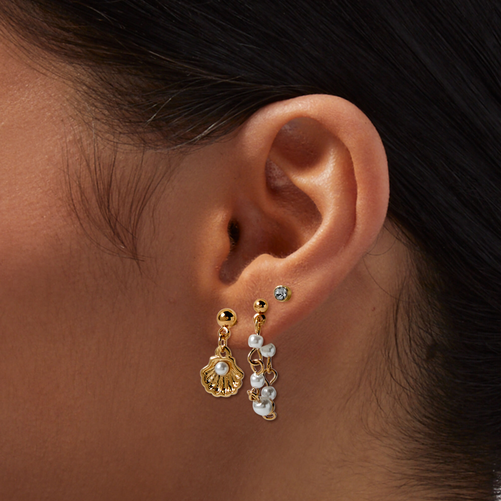 Gold-tone Pearl Connector Earring Set - 3 Pack ,