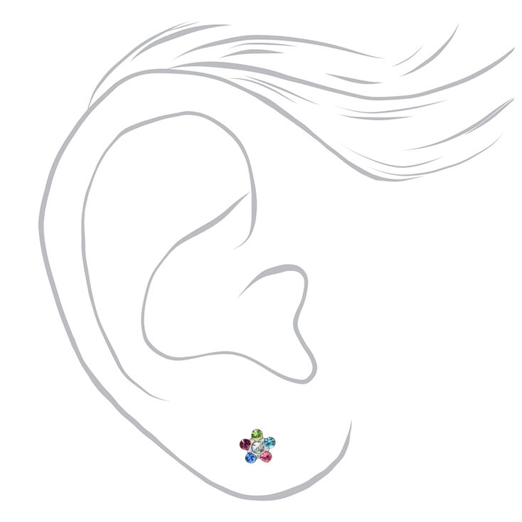 14kt White Gold Rainbow Crystal Daisy Studs Ear Piercing Kit with Ear Care Solution,