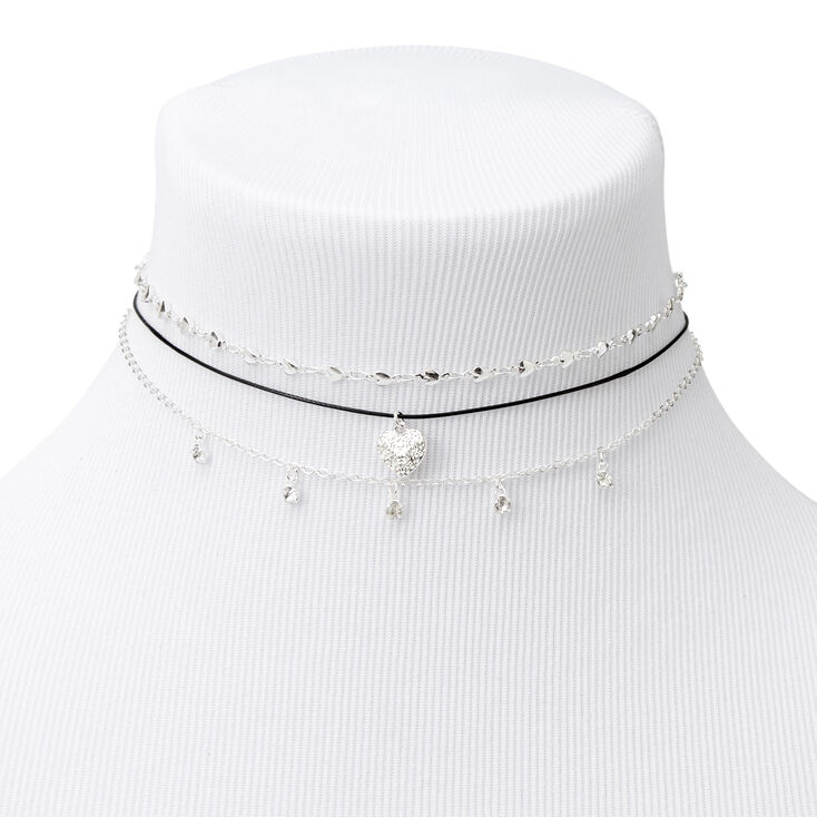 Silver Hearts Choker Necklaces - 3 Pack,