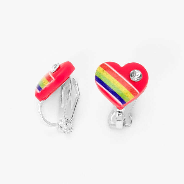 Embellished Rainbow Heart Clip On Stud Earrings,