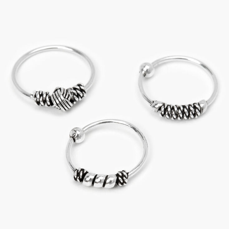 Anneaux pour piercing de cartilage torsad&eacute;s Bali 0,6&nbsp;mm couleur argent&eacute;e - Lot de 3,