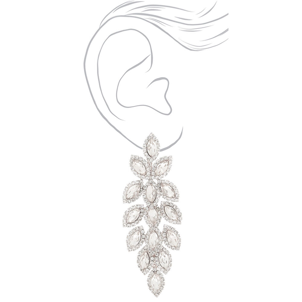 Silver Rhinestone 3" Leaf Chandelier Drop Earrings,
