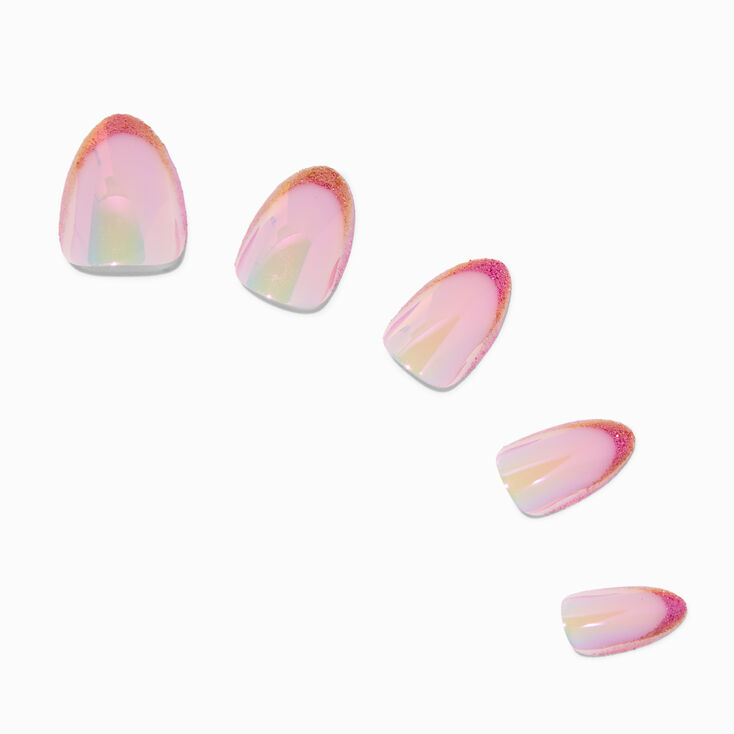 Pink Holographic Short Almond Vegan Faux Nail Set - 24 Pack,