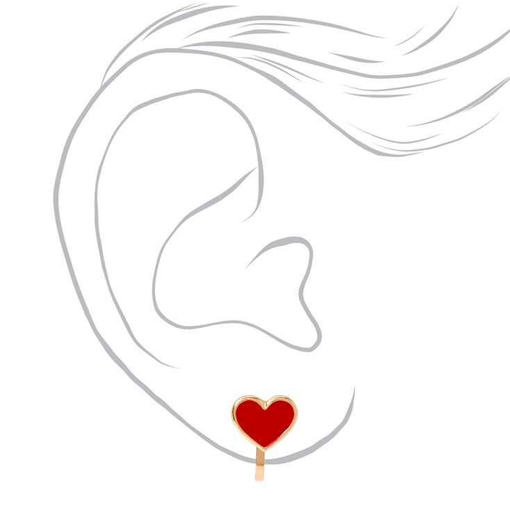 Gold Heart Clip On Earrings - Red,