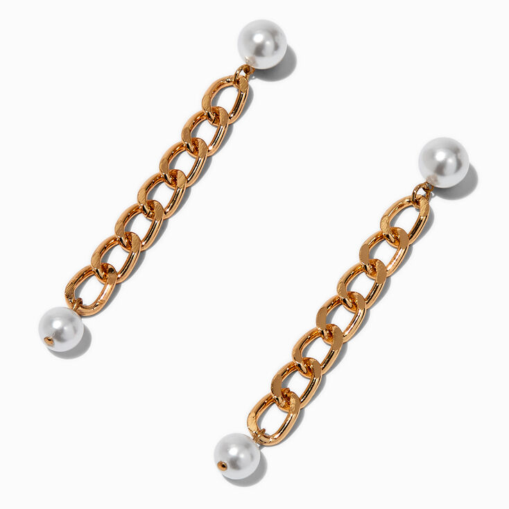 Gold-tone Pearl Curb Chain 3&quot; Drop Earrings,