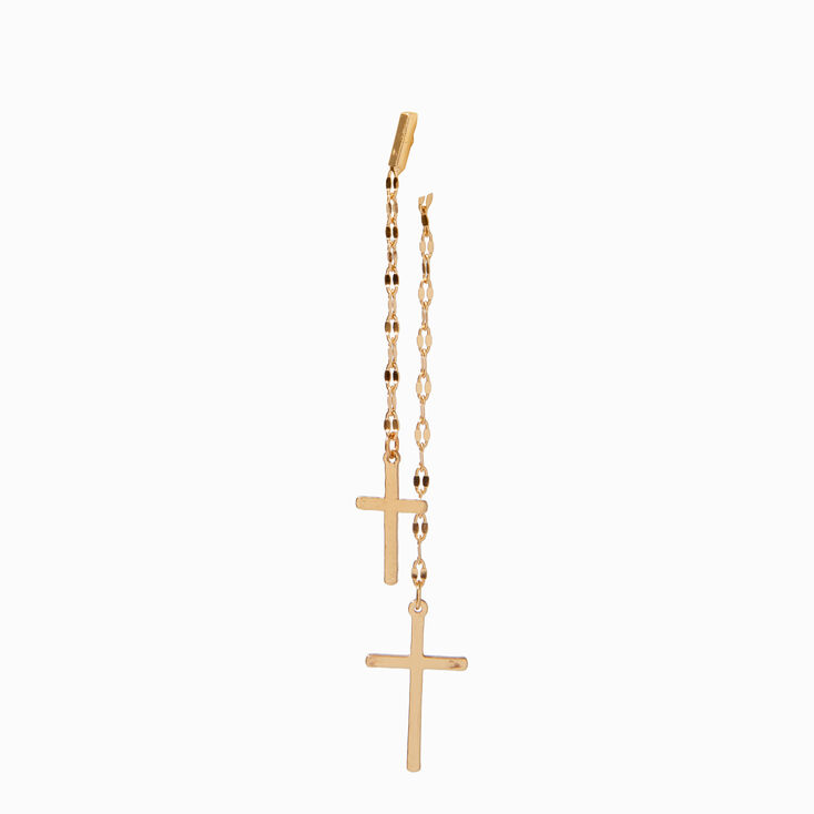 Gold-tone Cross Tinsel Chain Front &amp; Back Drop Earrings,