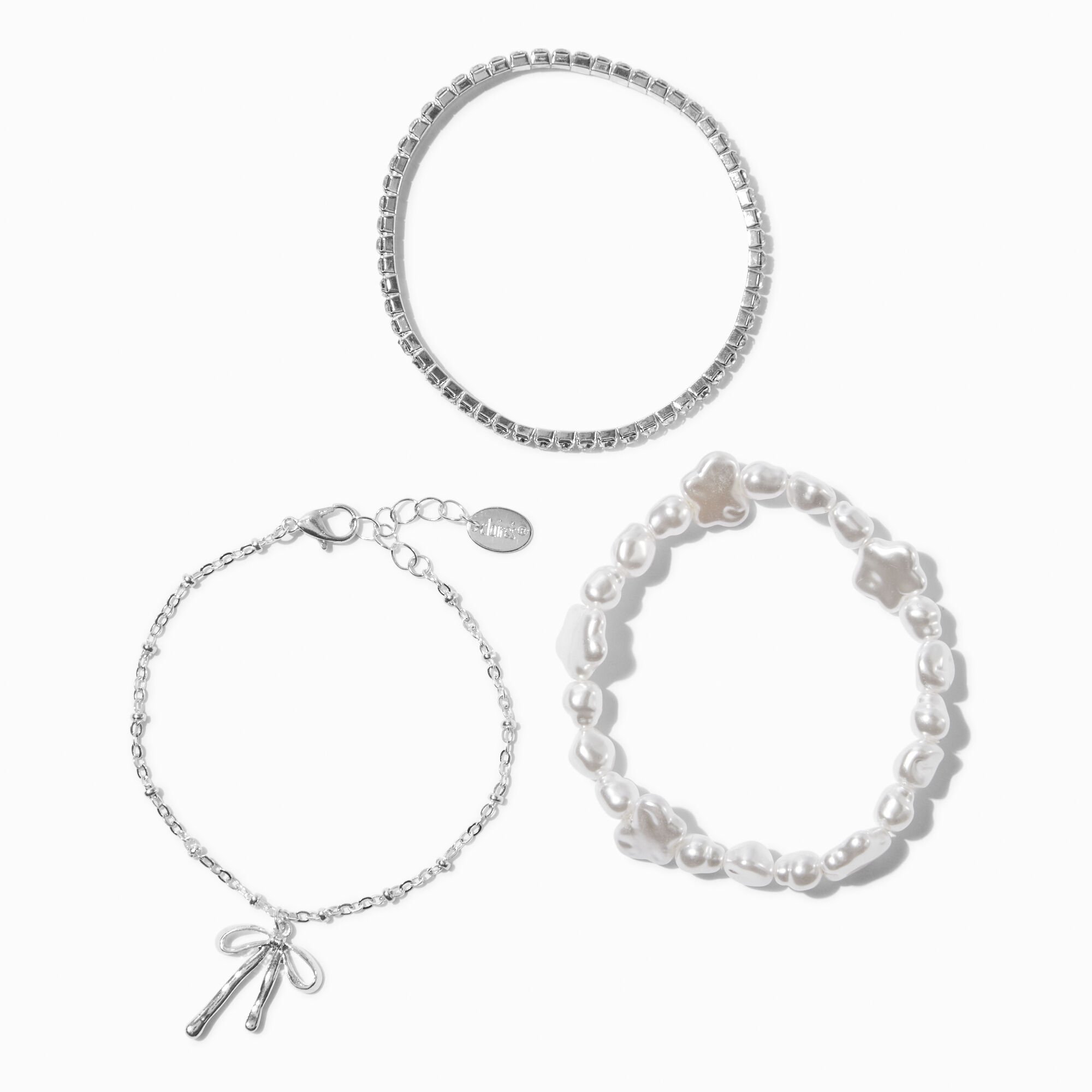 Silver-tone Pearl Bow Cup Chain Bracelet Set - 3 Pack,