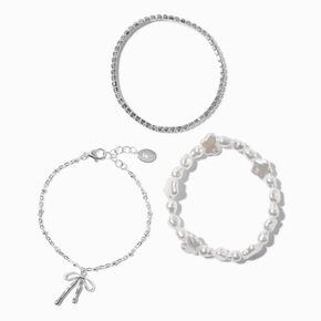 Silver-tone Pearl Bow Cup Chain Bracelet Set - 3 Pack,