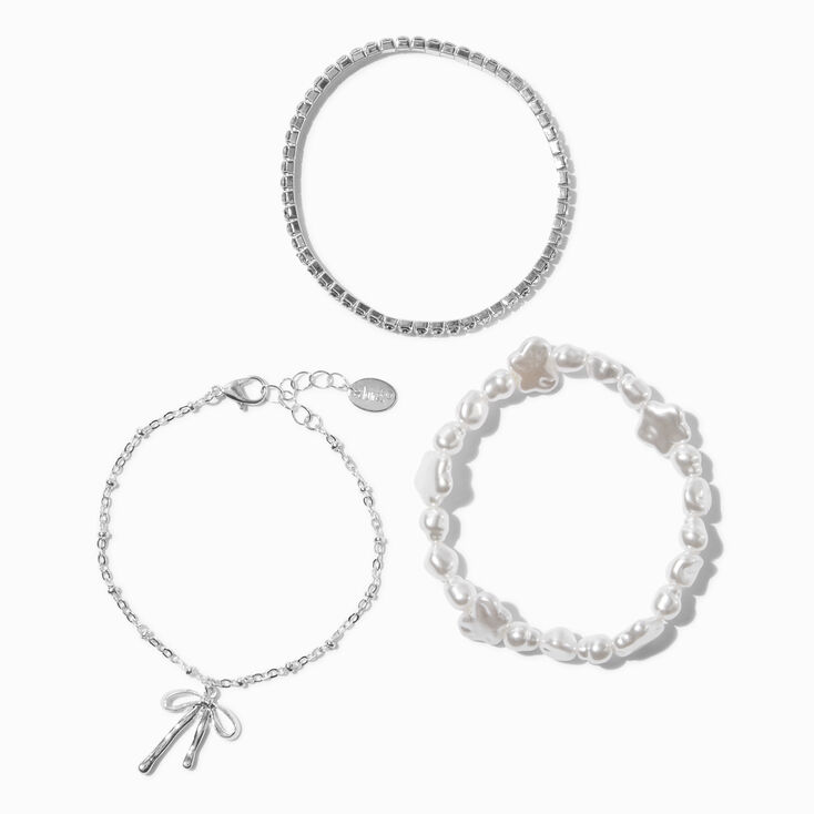 Silver-tone Pearl Bow Cup Chain Bracelet Set - 3 Pack,
