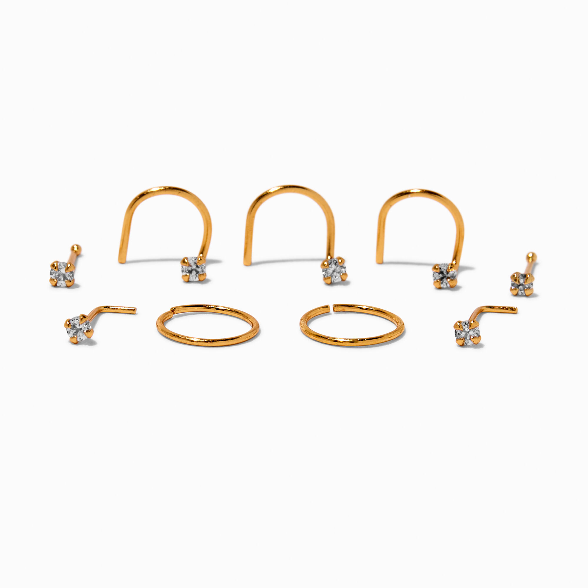 Clous et anneaux pour piercing de nez avec zircon cubique 0,6 mm en titane couleur dorée - Lot de 9,