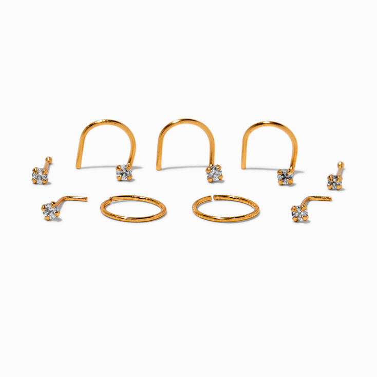 Clous et anneaux pour piercing de nez avec zircon cubique 0,6&nbsp;mm en titane couleur dor&eacute;e - Lot de 9,
