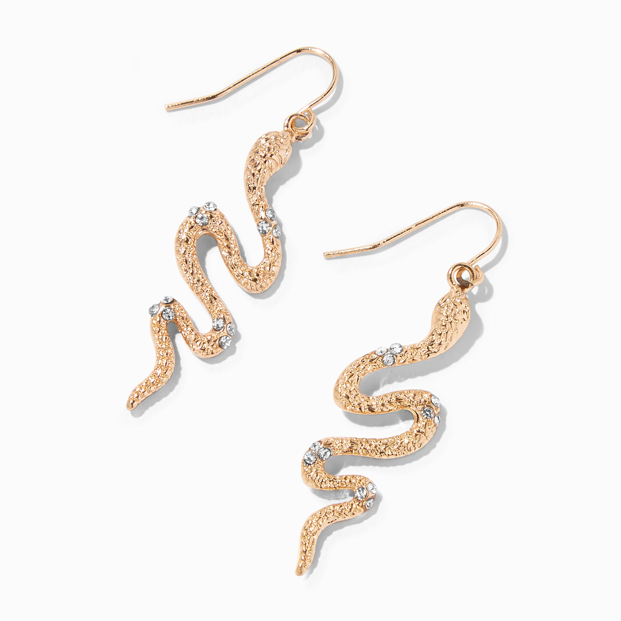 View Claires Tone 15 Embellished Snake Drop Earrings Gold information