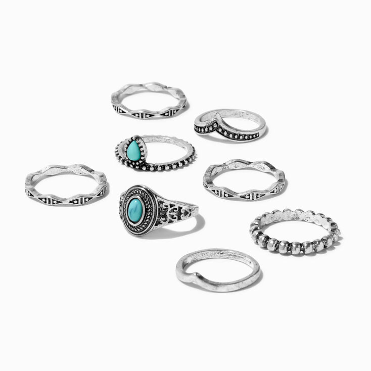 Turquoise Stone Silver Filigree Rings - 8 Pack,