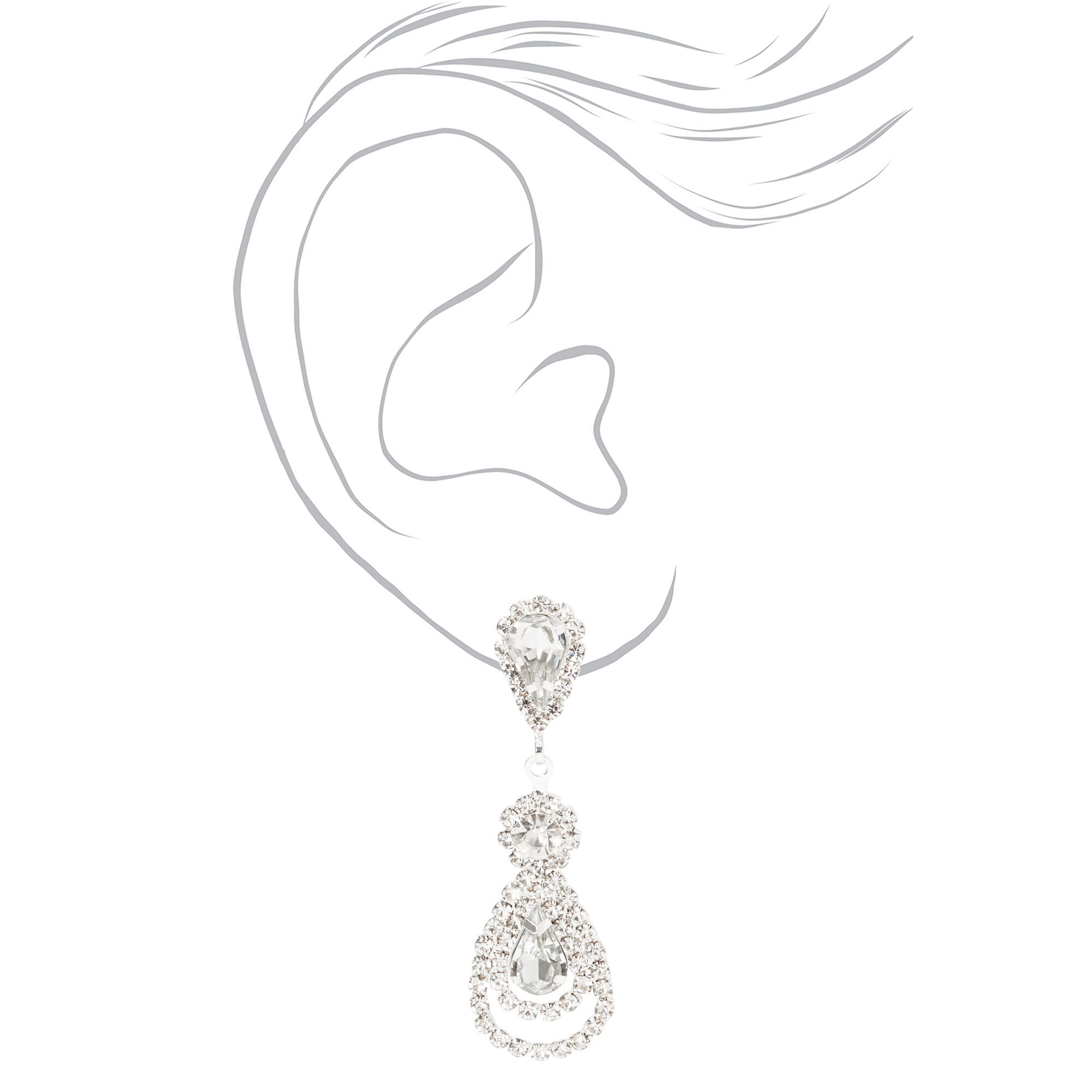 Silver 1.5" Rhinestone Teardrop Clip-On Drop Earrings,