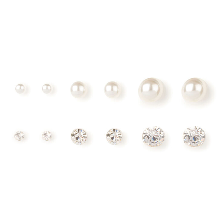 Graduated  Pearl &amp; Crystal Stud Earrings - 6 Pack,