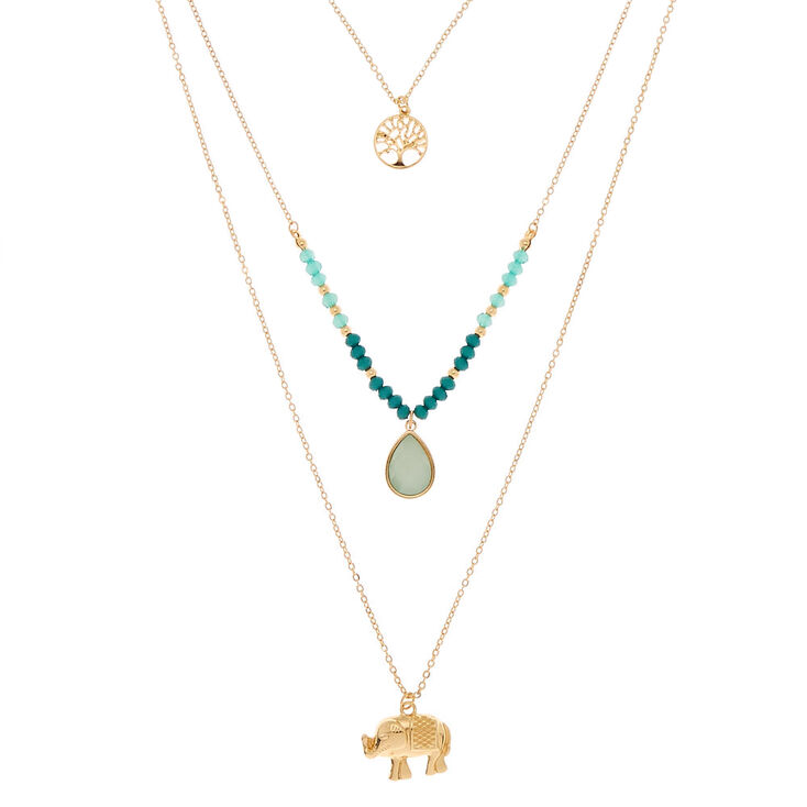 Gold Elephant Multi Strand Necklace - Teal,