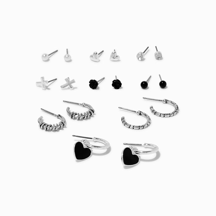 Silver-tone Black Carved Rose Mixed Earrings Set - 9 Pack ,