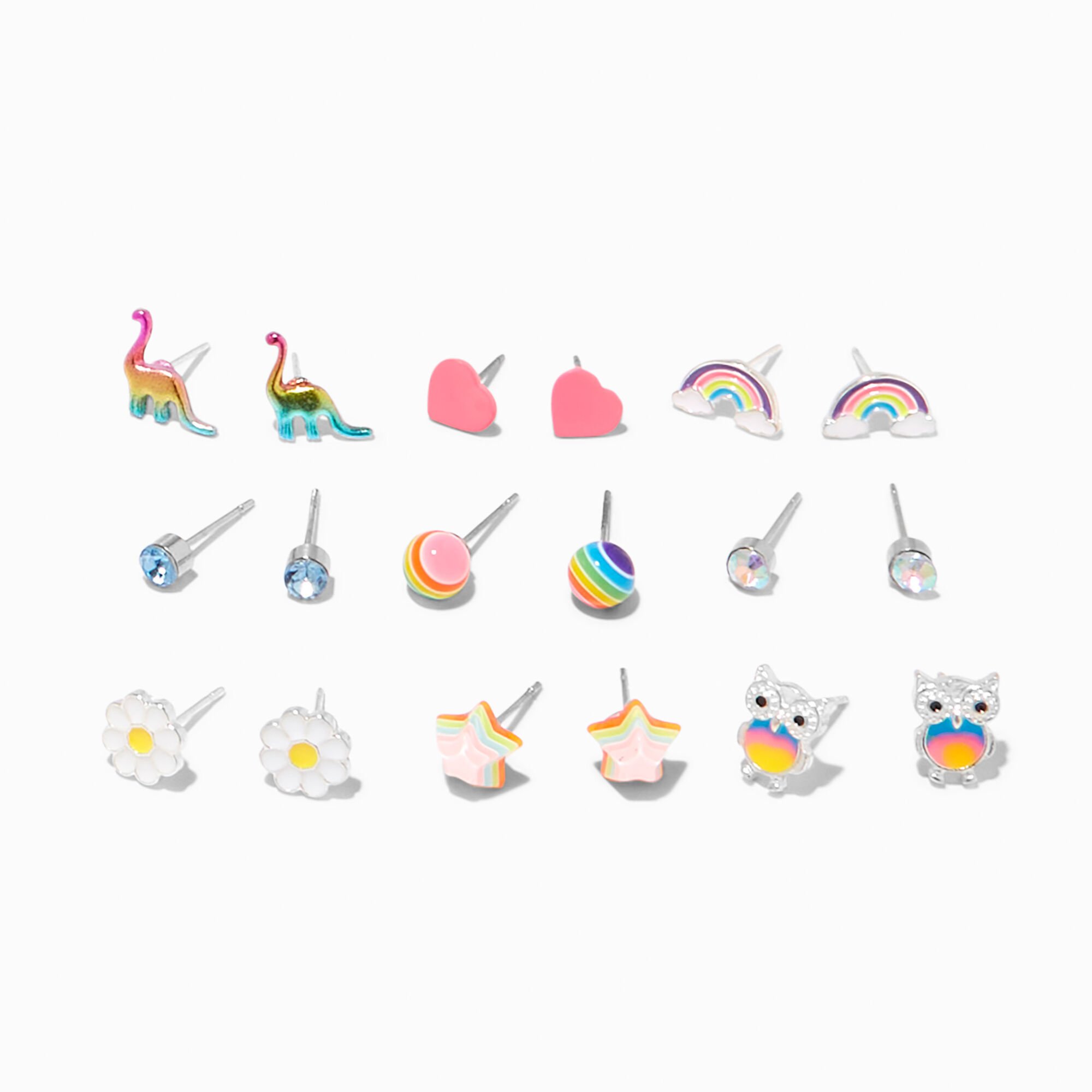 View Claires Rainbow Fun Stud Earrings 9 Pack Silver information
