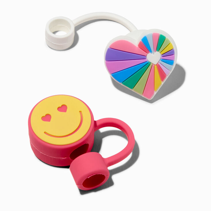 Happy Face &amp; Rainbow Heart Straw Covers - 2 Pack,