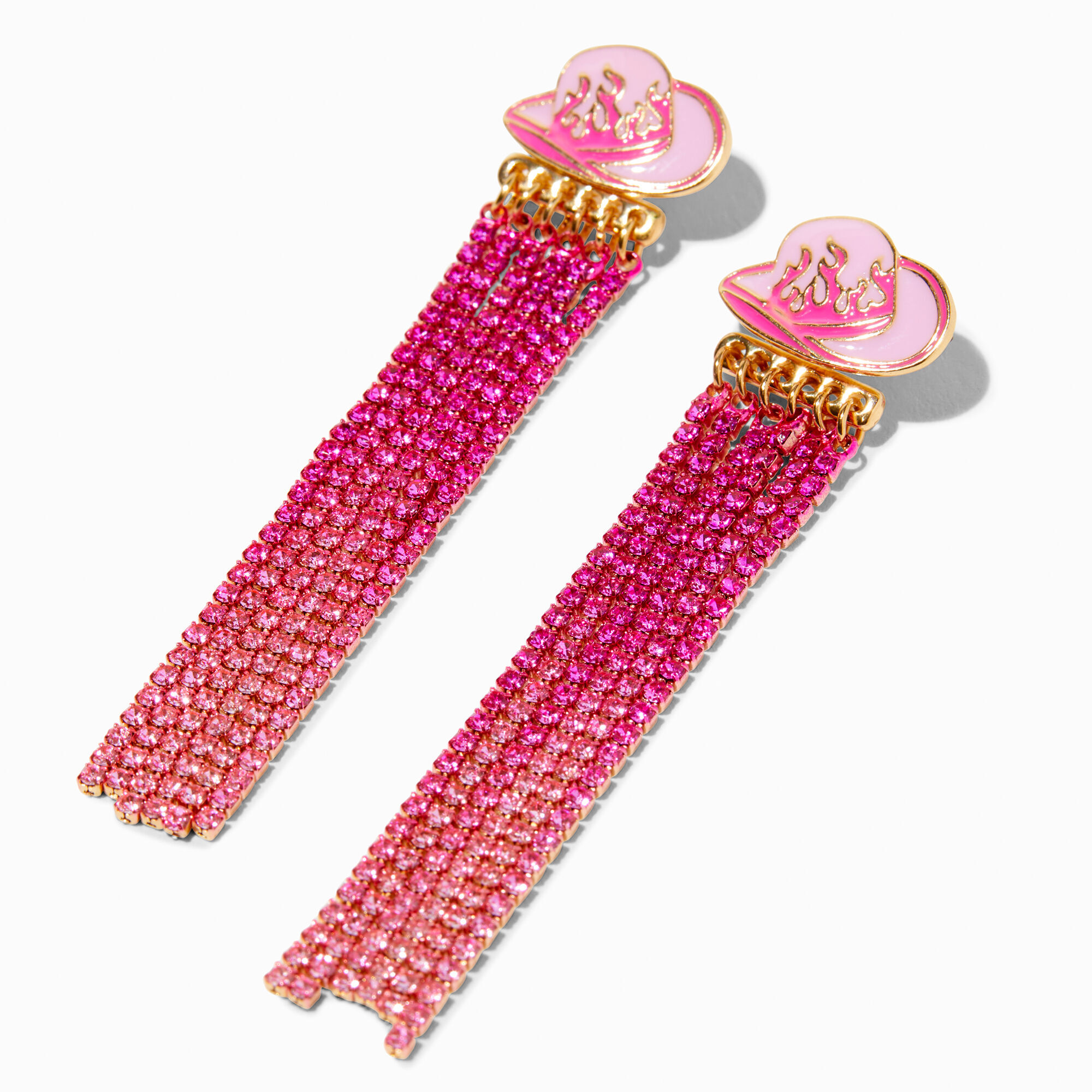 Pink Cowboy Hat Fringe Chains 2" Drop Earrings,