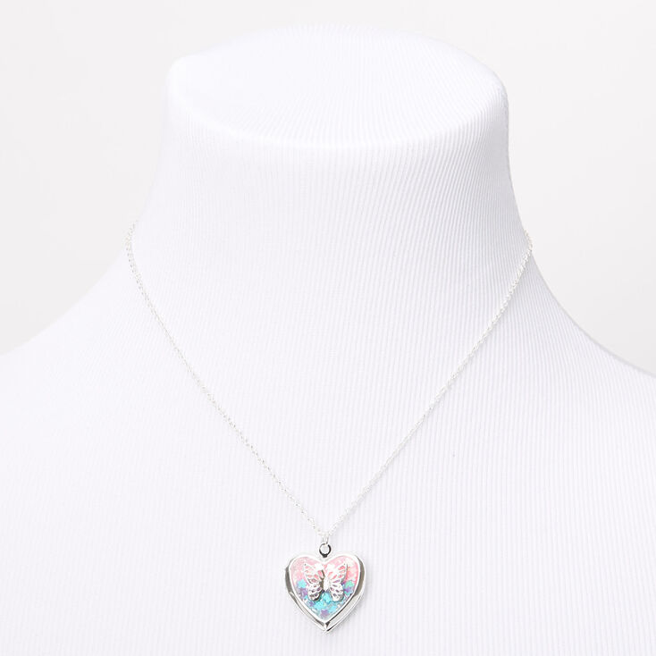 Silver Rainbow Butterfly Heart Locket Pendant Necklace,