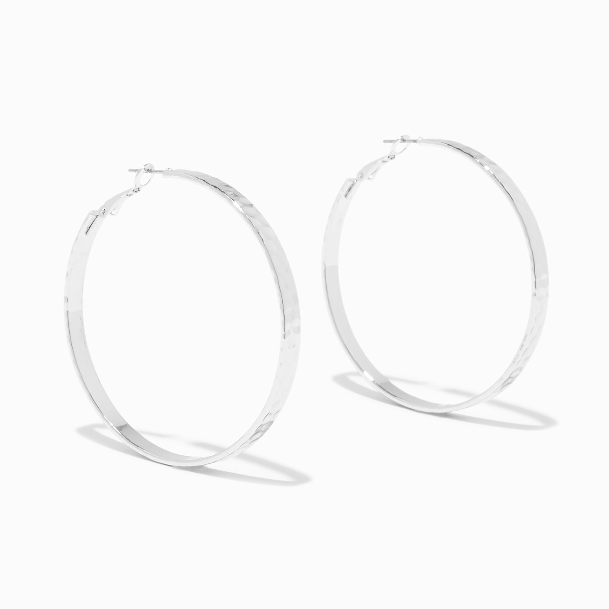 View Claires Tone 60MM Hammered Hoop Earrings Silver information