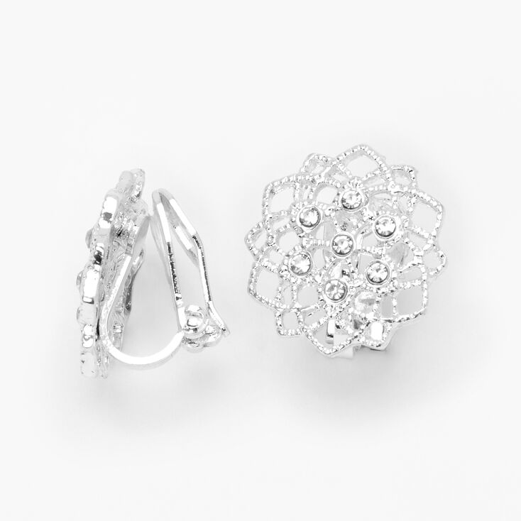 Silver Embellished Wired Flower Clip On Stud Earrings,