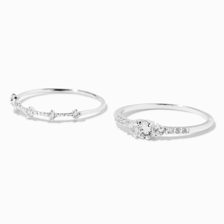 Silver Cubic Zirconia Geometric Rings - 2 Pack,