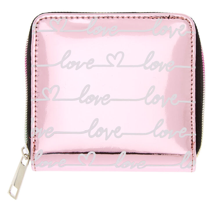 Claire's Mini porte-monnaie à zip rose « Love » effet miroir