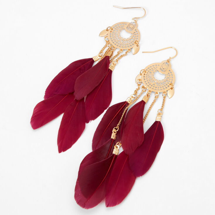 Gold 4&quot; Medallion Feather Drop Earrings - Burgundy,
