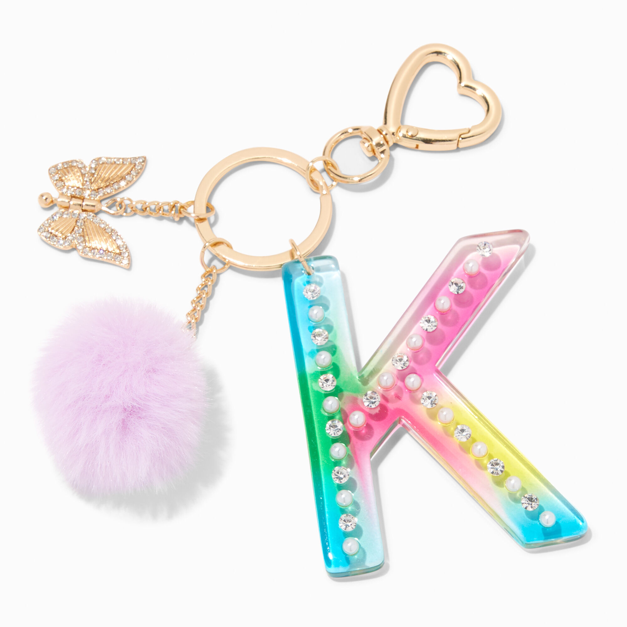 Alphabet Initial Letter E Pom Pom Keychain Cute Plush Butterfly Decor Key  Chain Ring Purse Bag Charm Earbud Case Cover Accessories Women Girls Gift