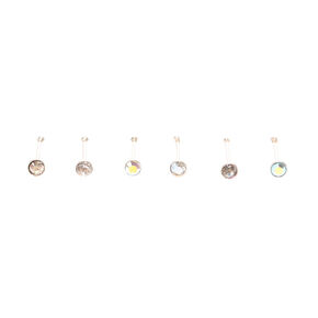 Sterling Silver 22G Iridescfent Crystal Nose Studs - Clear, 6 Pack,