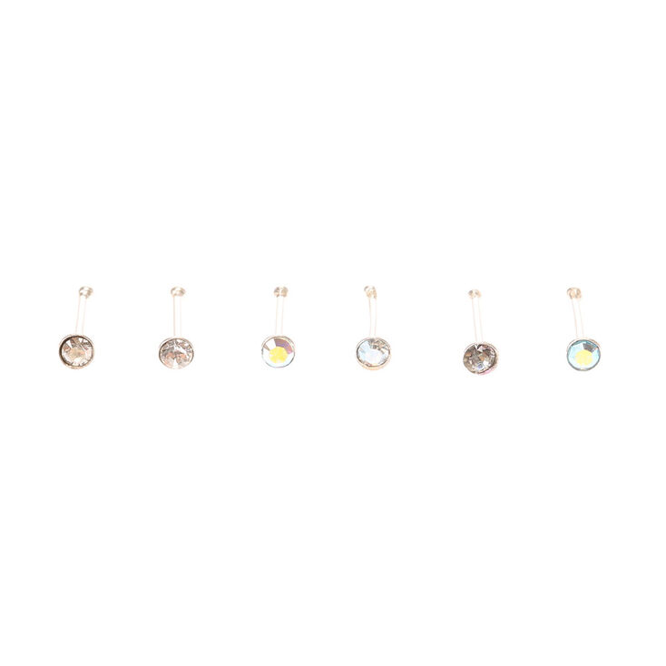 Sterling Silver 22G Iridescfent Crystal Nose Studs - Clear, 6 Pack,