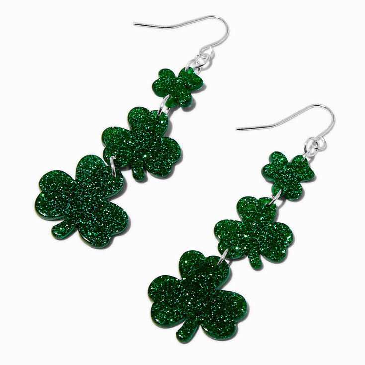 St. Patrick&#39;s Day Glitter Triple Shamrock Drop Earrings,