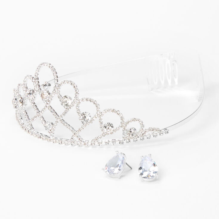 Diad&egrave;me infini et clous d&rsquo;oreilles ajour&eacute;s avec strass couleur argent&eacute;e - Lot de 2,