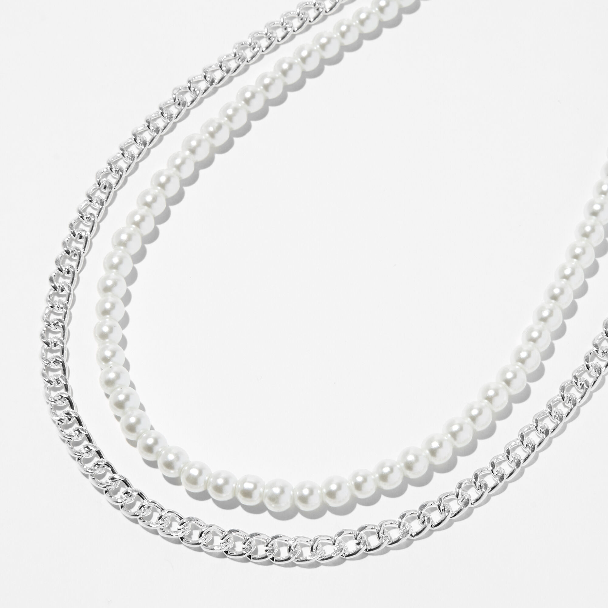 Silver Curb Chain & Pearl Multi-Strand Necklace,
