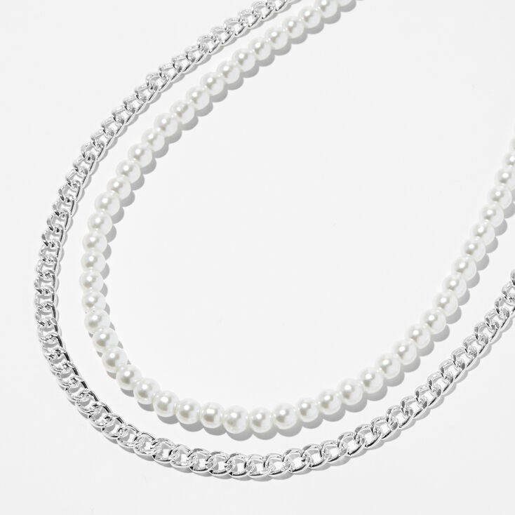 Silver Curb Chain &amp; Pearl Multi-Strand Necklace,