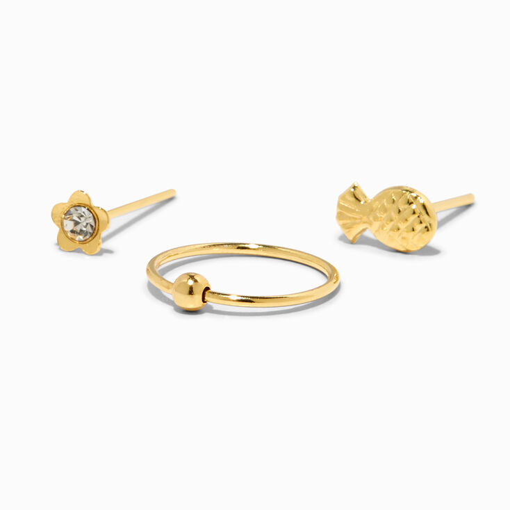 Gold Daisy &amp; Pineapple Mixed Nose Rings &#40;3 Pack&#41;,