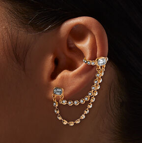 Gold-tone Double Chain Crystal Connector Earring,