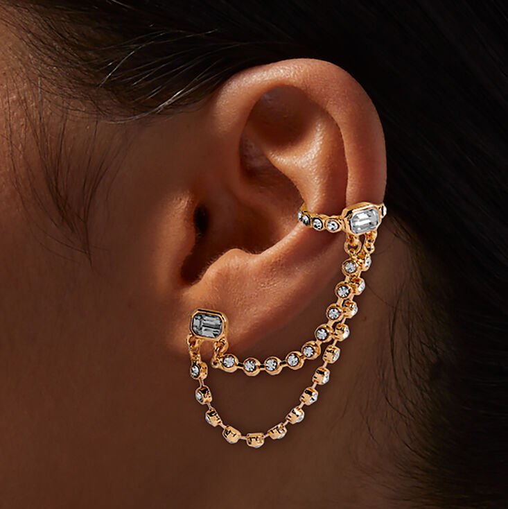 Gold-tone Double Chain Crystal Connector Earring,