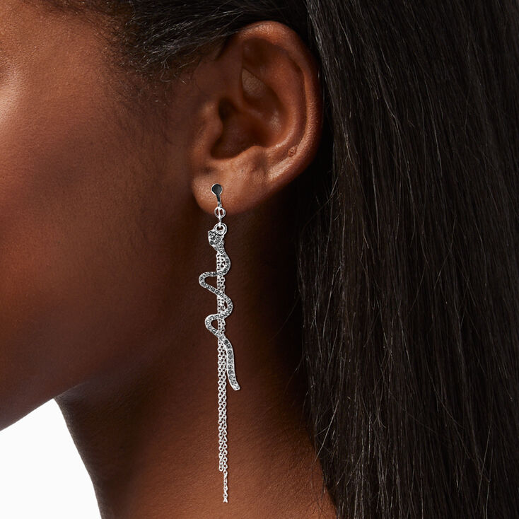 Silver 3&quot; Crystal Snake Linear Clip-On Drop Earrings,