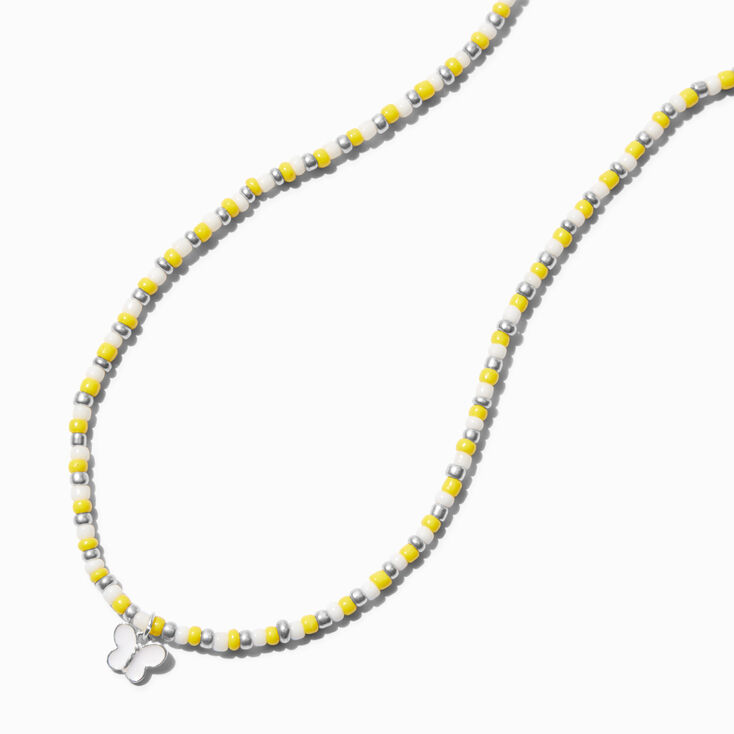 Yellow &amp; White Beaded Butterfly Pendant Necklace,