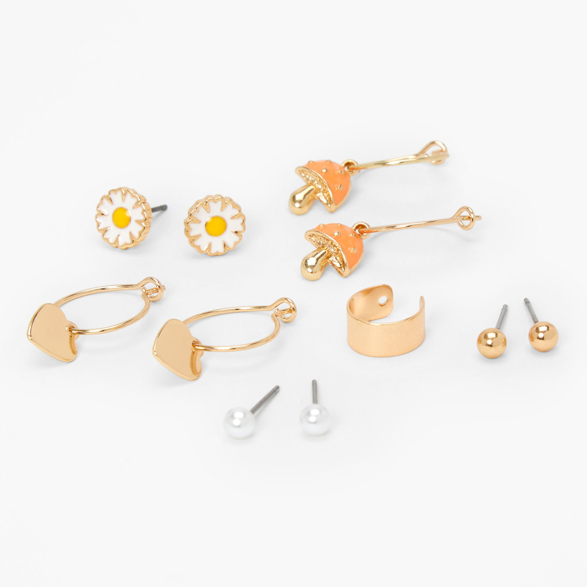Gold Mushroom & Daisy Cottagecore Mixed Earrings - 6 Pack,